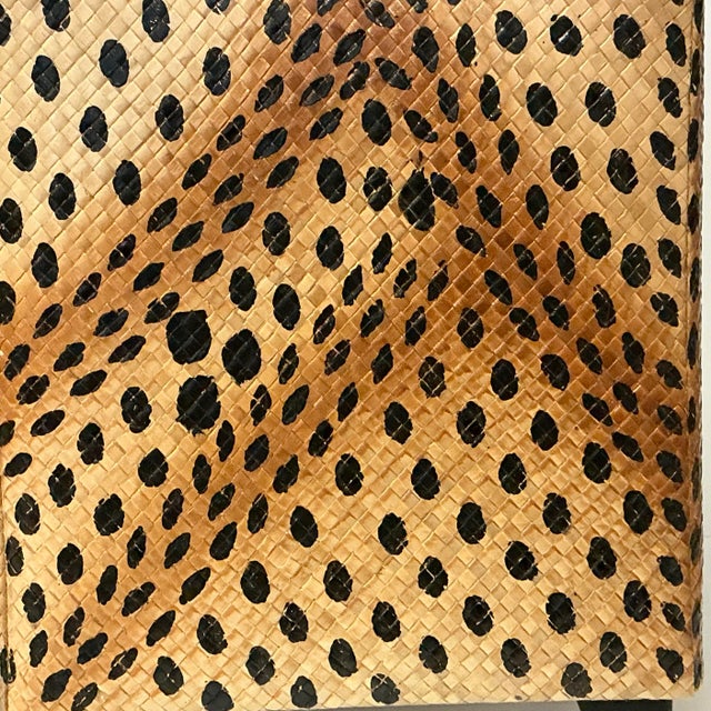 Wood Vintage Boho Chic Hollywood Regency Coastal Leopard Woven Rattan Stools - A Pair. For Sale - Image 7 of 16