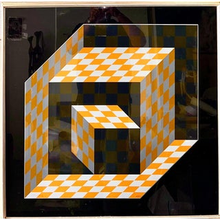 Victor Vasarely, 1970's Enamel Metal Vasarely Silkscreen Screenprint Axo Kinetic Op Art Sculpture, c.1970's For Sale