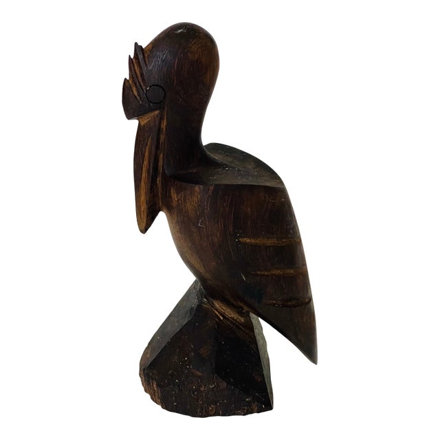 Vintage Tropical Wood Handcarved Pelican Sculpture For Sale