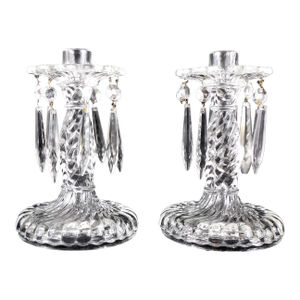 Fostoria Set of Two Lusters Candlesticks With Crystal Prisms in Colony