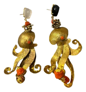 Contemporary Brass and Mediterranean Coral Octopus Drop Earrings by Almala