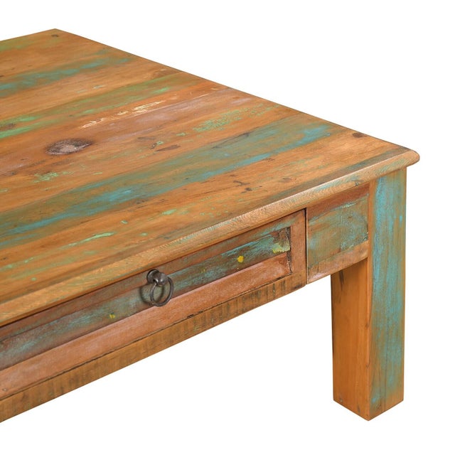 Farmhouse 1990s Rustic Brown Reclaimed Wood Square Coffee Table With Drawers For Sale - Image 3 of 5