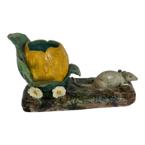 Vintage Majolica England Mouse and Pumpkin Cinderella Style Planter