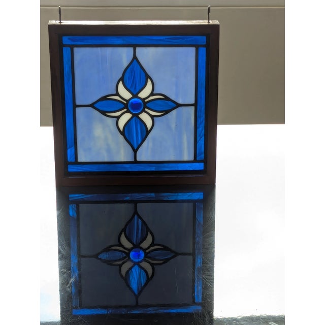 1980s '80s Victorian Style Stained Glass Panel in Wood Frame For Sale - Image 5 of 5