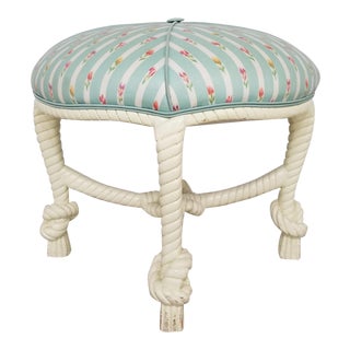 Hollywood Regency Italian White Carved Wood Rope and Knot Round Stool For Sale