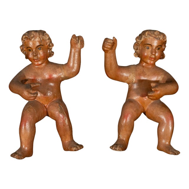 Spanish Carved Polychrome Wooden Cherubs, Baroque, 1650, Set of 2 For Sale