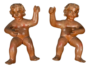 Spanish Carved Polychrome Wooden Cherubs, Baroque, 1650, Set of 2