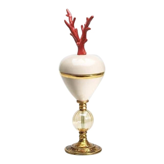 One-of-a-Kind Sculptural Red Coral Lid, Murano Glass & Gold-Plated Metal Decorative Box France Nib For Sale
