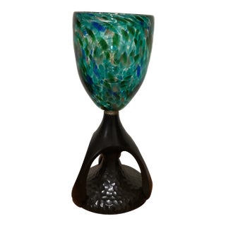 Mid 20th Century Mid Century Modern Unique Hand Crafted Table Lamp W/ Hand Blown Mottled Art Class Shade on Textured and Hammered Sculptured Base For Sale