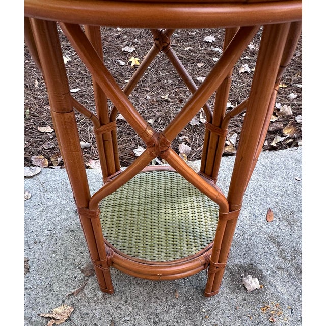 Wood Rattan 2 Tiered Side Tables - A Pair For Sale - Image 7 of 9