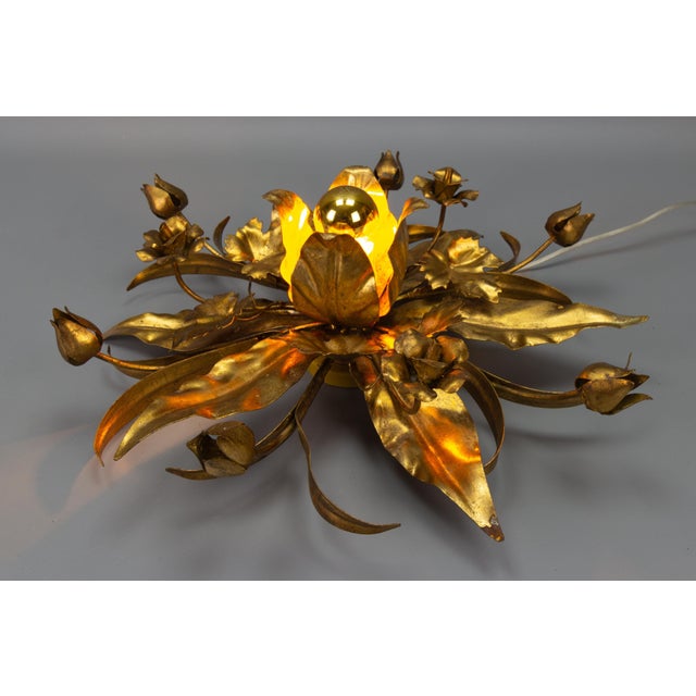 Hollywood Regency Gilt Metal Flower Shaped Flush Mount, 1970s For Sale - Image 10 of 16