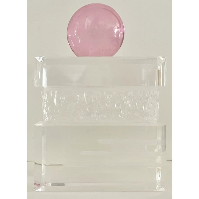 Vintage Shlomi Haziza acrylic lucite sculpture. Textured with geometric design and pink top sphere. From a young age,...