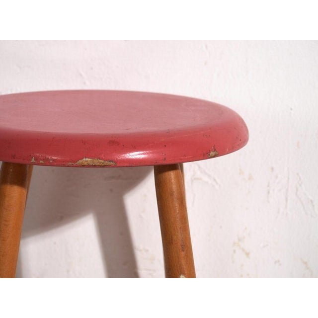 Vintage Wooden Stool with Round Seat, Central Europe, 1950 For Sale - Image 6 of 7