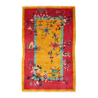 3'x5' Vintage Chinese Art Deco Rug | Yellow Rug | Wool Rug For Sale