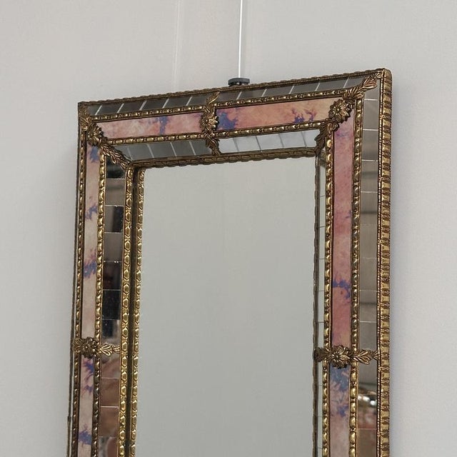 Small Spanish Brass and Mosaic Mirror with Stained Pink Glass, 1980s For Sale - Image 5 of 12