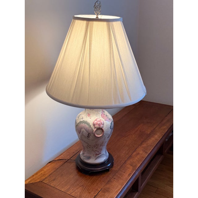 Vintage 32” Chinoiserie Floral Porcelain Table Lamp With Raised Flower Knockers and Shade For Sale - Image 11 of 12