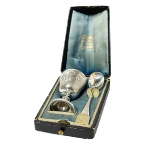 19th Century French Silver Boxed Egg Cup and Spoon by Pellerin & Lemoing, Set of 3