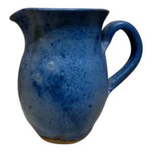 1980s Speckled Stoneware Art Pottery Blue Pitcher Signed