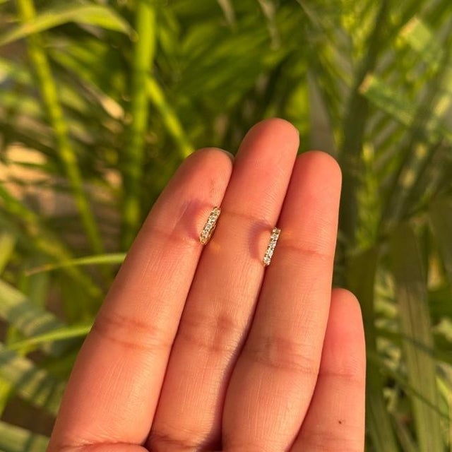 Contemporary Contemporary Natural Diamond Huggie Hoop Earrings in 18k Yellow Gold- A Pair For Sale - Image 3 of 14