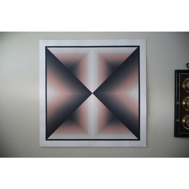Soft blush, dusty rose, and deep charcoal pull you straight into the center of this 1980 Op Art screenprint by German...