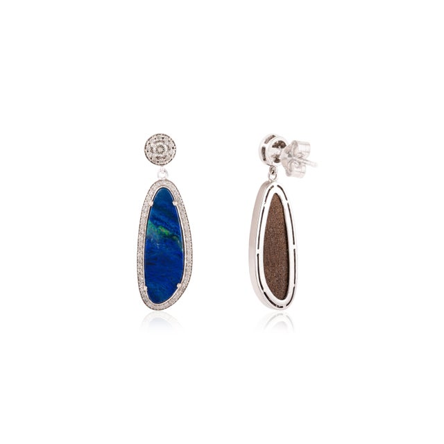 Modern Fire Opal & Diamond Halo Drop Earrings in 14k White Gold- 2 Pieces For Sale - Image 4 of 11