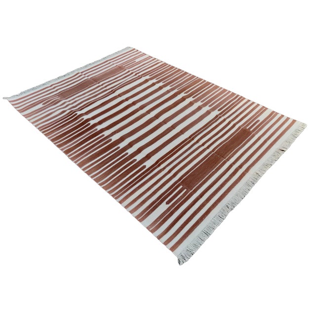 Handmade Cotton Natural Vegetable Dyed Flat Weave Reversible Tan and White Striped Rug - 6'x9' For Sale - Image 11 of 11
