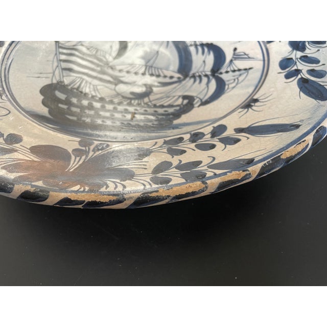 Antique 18th Century Tin Glazed Delft Galleon Sailing Ship Large Plate - Platter For Sale - Image 9 of 13