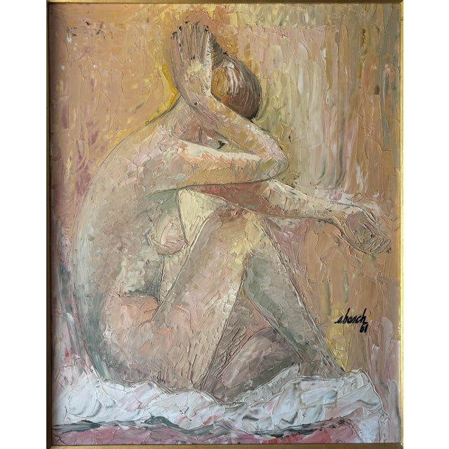 A mid-century figurative nude painting rendered in thick impasto, dated 1961 and signed by the artist. Executed in warm...