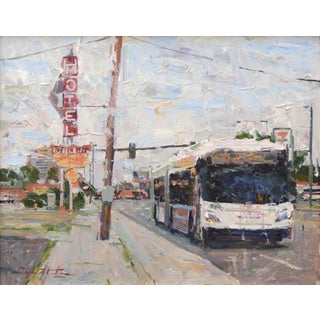 Pulling Away by Clyde Steadman | Oil on panel City street scene with a bus and hotel sign. For Sale