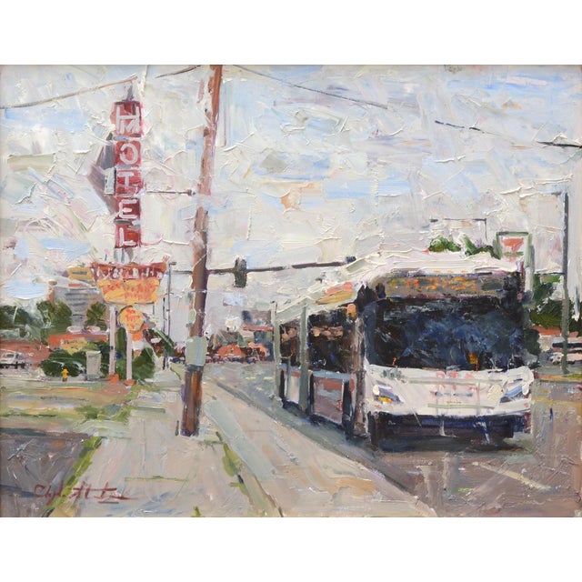 Pulling Away by Clyde Steadman | Oil on panel City street scene with a bus and hotel sign. For Sale