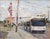 Pulling Away by Clyde Steadman | Oil on panel City street scene with a bus and hotel sign. For Sale