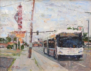 Pulling Away by Clyde Steadman | Oil on panel City street scene with a bus and hotel sign.
