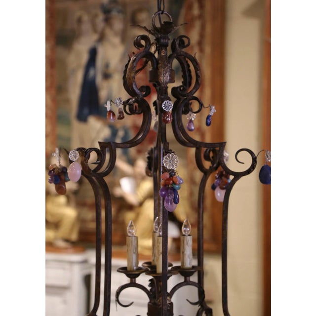 French Mid-Century French Louis XV Style Iron and Crystal Four-Light Lantern For Sale - Image 3 of 9