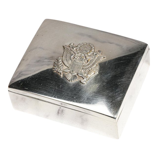 Mid Century Vintage Sterling Silver Box Eagle Emblem Desk Keepsake Box Luxury Home Decor For Sale