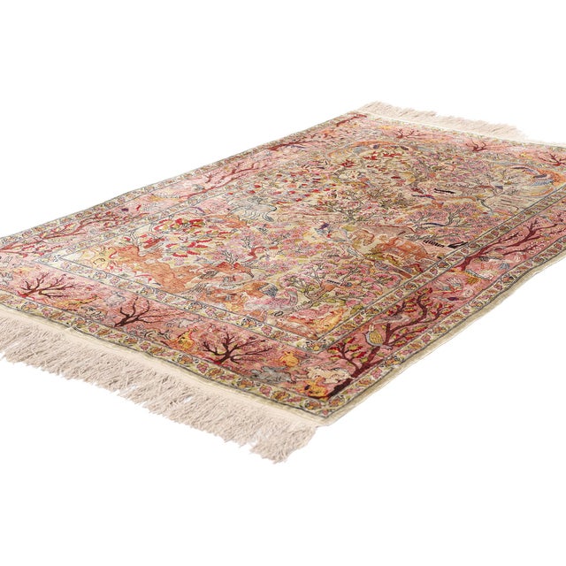 79160 Vintage Turkish Silk Hereke Rug, 03'04 x 05'03. This hand-knotted vintage Turkish silk Hereke rug unveils a vivid...