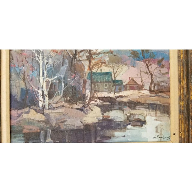 Wood 1970s Montreal Artist Guy Duveyre Rural River Landscape Oil on Canvas Painting For Sale - Image 7 of 11