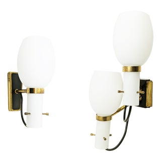 Mid-Century Italian Black Metal, Brass and Opaline Glass Sconces, 1950s, Set of 2 For Sale