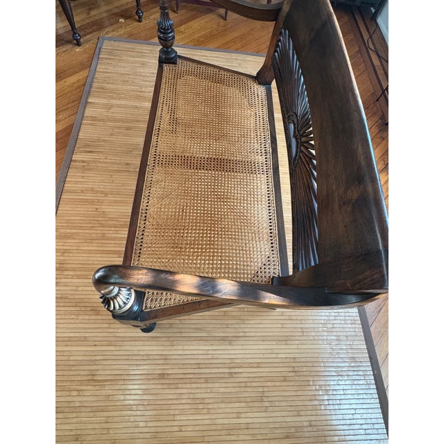 Hand-Carved Sunburst Rattan Bench – Colonial Elegance & Bohemian Charm For Sale - Image 4 of 7