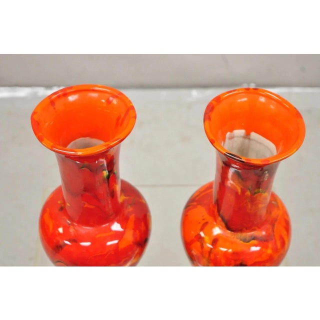 Vintage Red Lava Drip Glazed Mid Century Modern Ceramic Pottery Vessel Vase Pair For Sale - Image 9 of 11