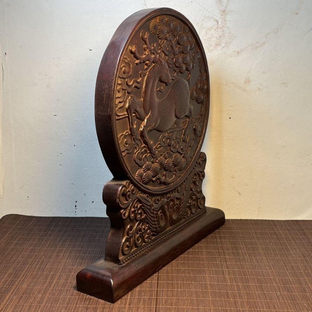 This stunning vintage tabletop screen is a masterful example of traditional Chinese wood carving. Crafted from rosewood...