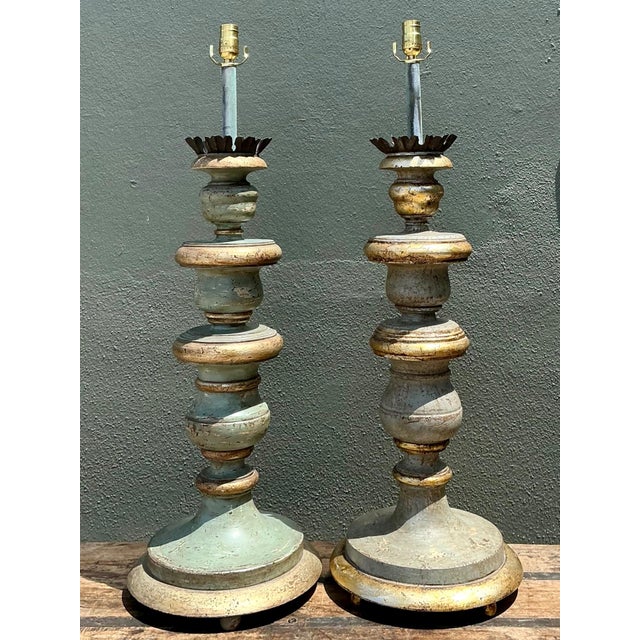 Vintage Italian Gilt Tipped Turned Wood Lamps - Pair For Sale In West Palm - Image 6 of 17