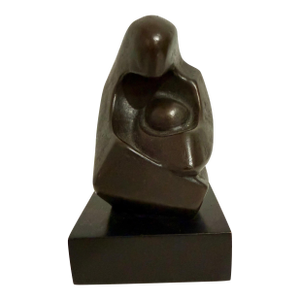 Zvi Aldouby, Modernist Israeli Bronze Sculpture Abstract Mother & Child Zvi Yehuda Aldouby