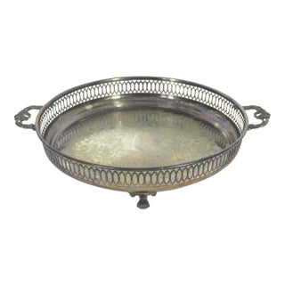 Small Handled Footed Round Silver Plated Gallery or Bar Tray With Embossed Detail For Sale