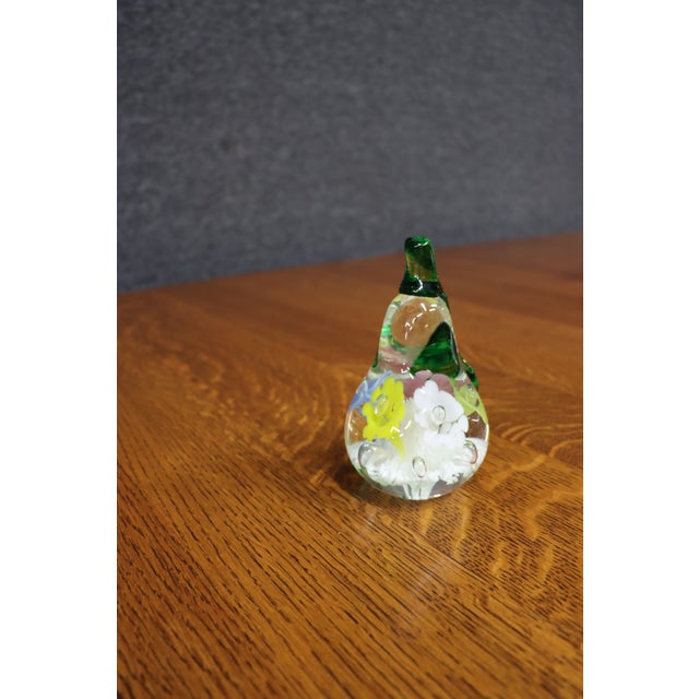 Traditional Murano Style Art Glass Pear Paperweight With Lampworked Flowers For Sale - Image 3 of 7