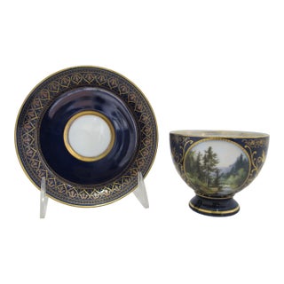 Late 19th Century Victorian Carl Knoll Carlsbad Gilt Hand Painted Landscape Porcelain Coffee Cup & Saucer For Sale
