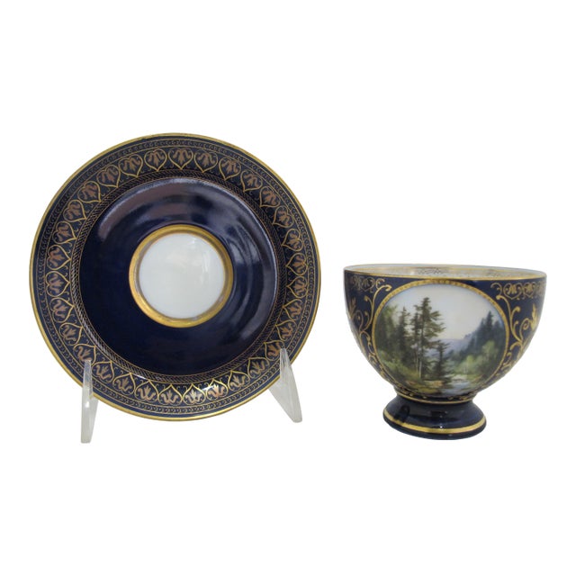 Late 19th Century Victorian Carl Knoll Carlsbad Gilt Hand Painted Landscape Porcelain Coffee Cup & Saucer For Sale