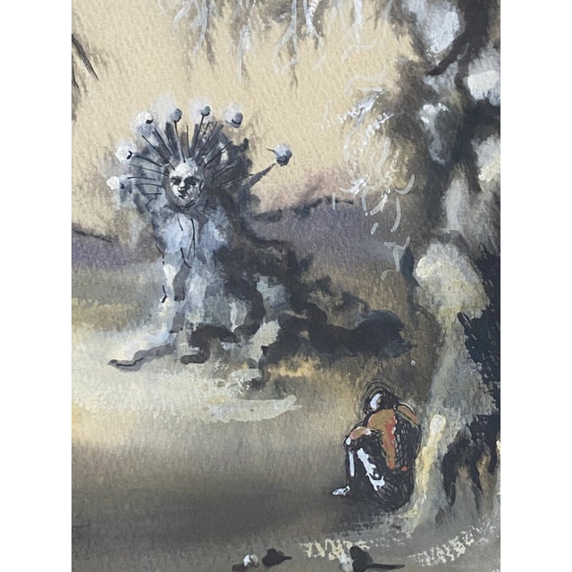 Paint Vintage Surreal Landscape Original Watercolor C.1970 For Sale - Image 7 of 12