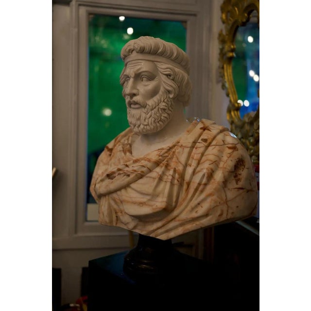 Hand-Carved Bust of Roman Man, 20th Century, White Carrara and Red Alicante Marble For Sale - Image 9 of 10