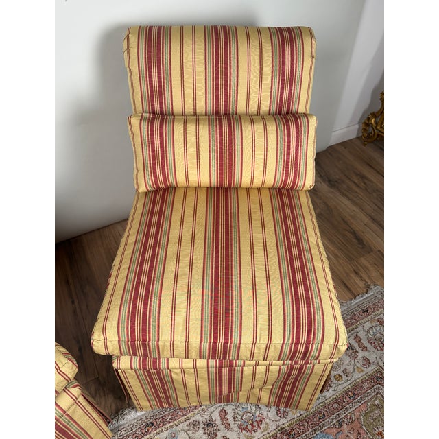 Wood Pair of Upholstered Striped Slipper Chairs With Lumbar Pillows For Sale - Image 7 of 8
