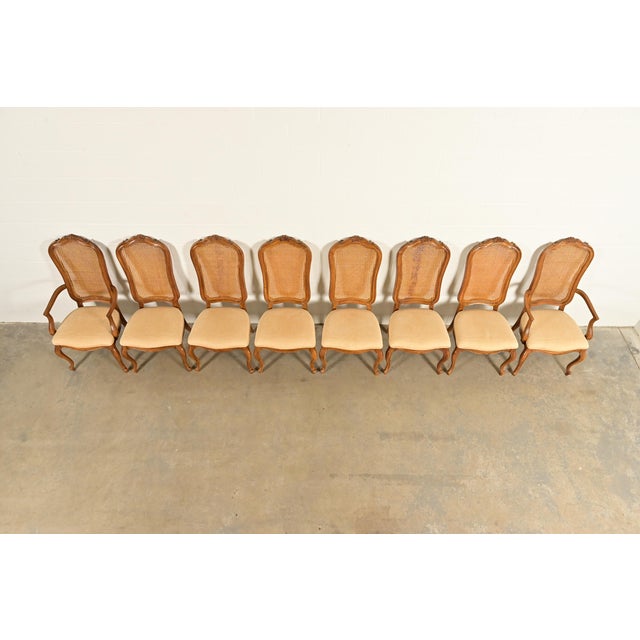 1960s Thomasville French Provincial Louis XV Carved Walnut and Cane Back Dining Chairs, Set of Eight For Sale - Image 5 of 14